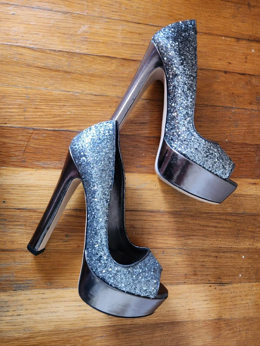 Vintage MIU MIU Platform Gunmetal Glitter Pumps Y2K